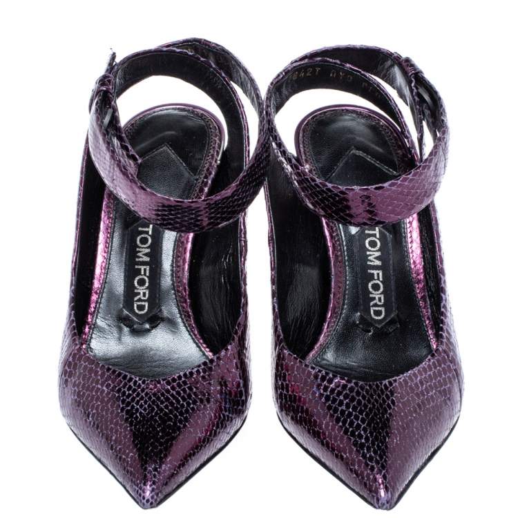 Pre Owned Tom Ford Plum Snakeskin Pointed Toe Cut Out Heel Pumps Size 37.5