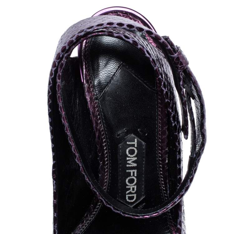 Pre Owned Tom Ford Plum Snakeskin Pointed Toe Cut Out Heel Pumps Size 37.5