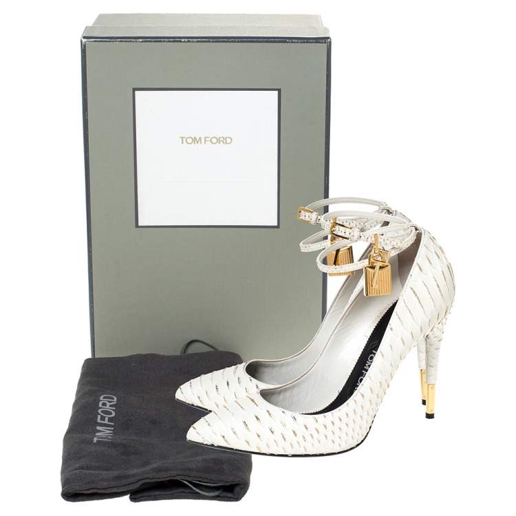 Pre Owned Tom Ford White Python Leather Padlock Ankle Strap Pointed Toe Pumps Size 38.5