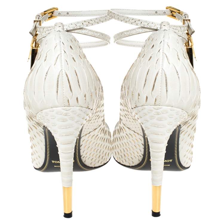 Pre Owned Tom Ford White Python Leather Padlock Ankle Strap Pointed Toe Pumps Size 38.5
