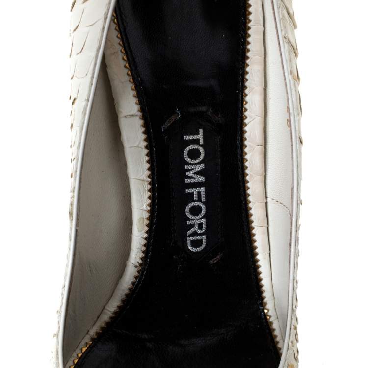Pre Owned Tom Ford White Python Leather Padlock Ankle Strap Pointed Toe Pumps Size 38.5