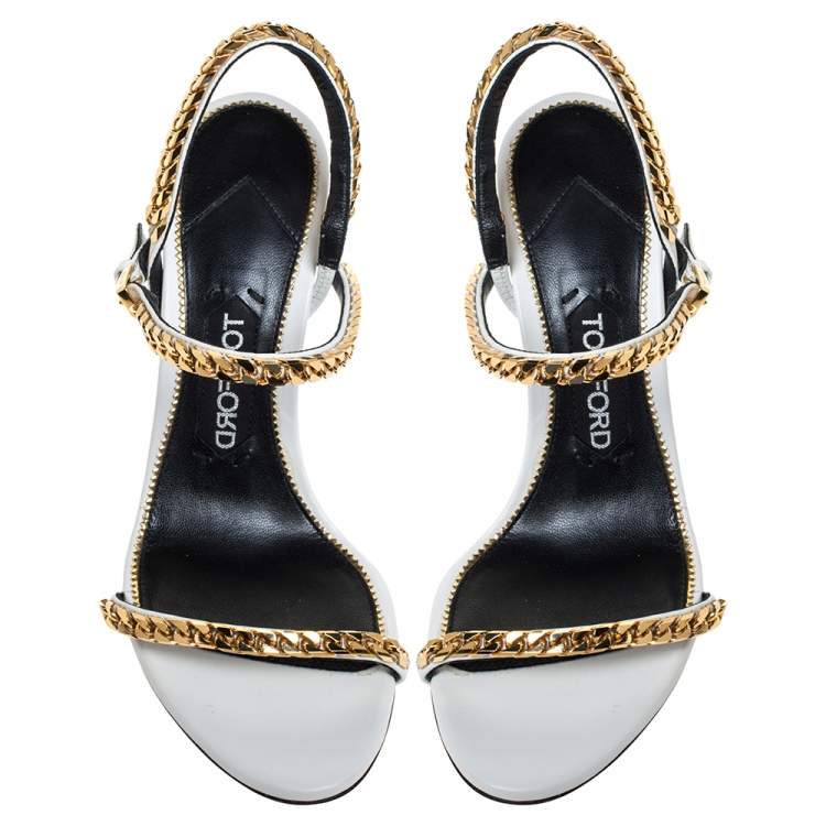 Pre Owned Tom Ford White Leather Chain Embellished Slingback Sandals Size 37