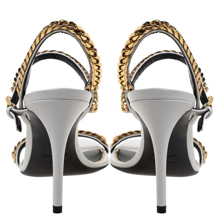 Pre Owned Tom Ford White Leather Chain Embellished Slingback Sandals Size 37
