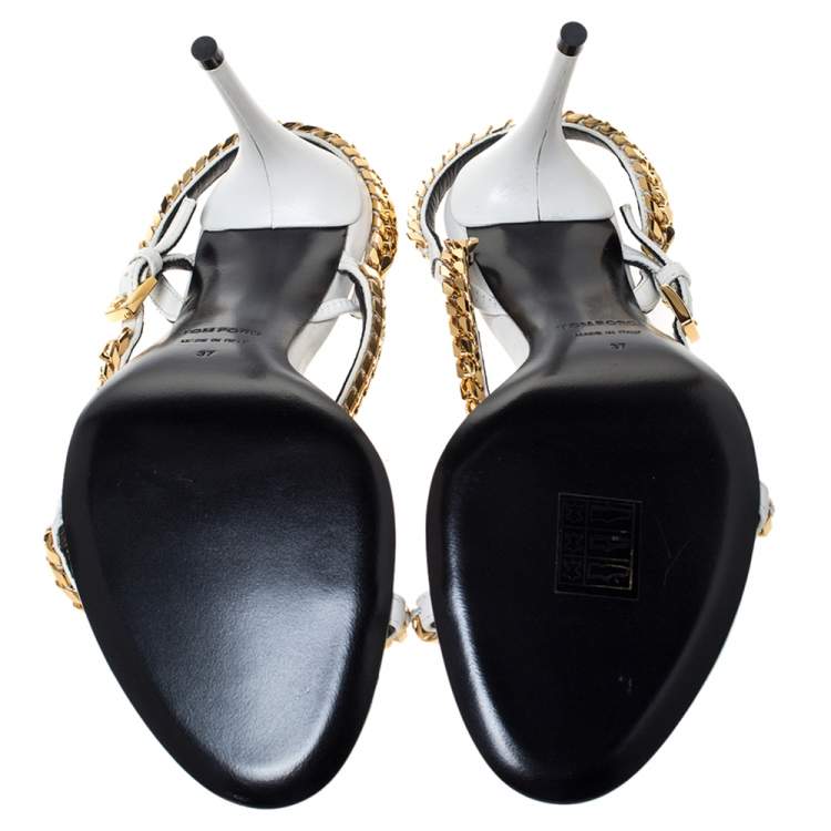 Pre Owned Tom Ford White Leather Chain Embellished Slingback Sandals Size 37
