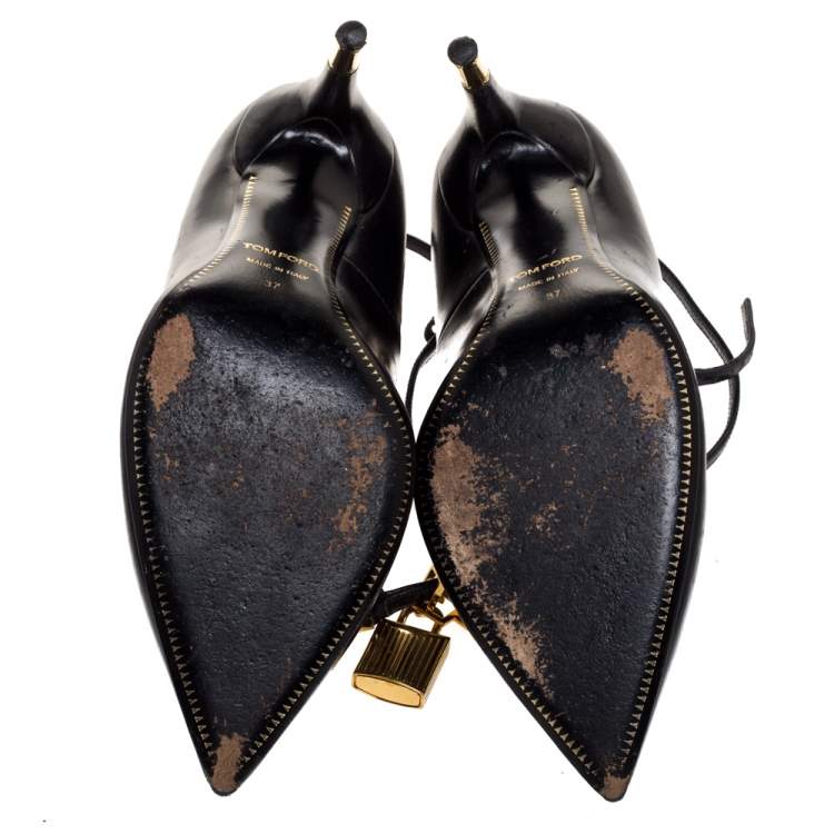Pre Owned Tom Ford Black Leather Padlock Ankle-Wrap Pointed Toe Pumps Size 37