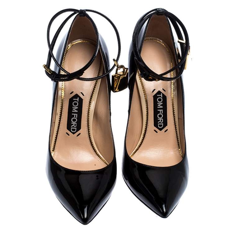 Pre Owned Tom Ford Black Leather Padlock Ankle-Wrap Pointed Toe Pumps Size 37