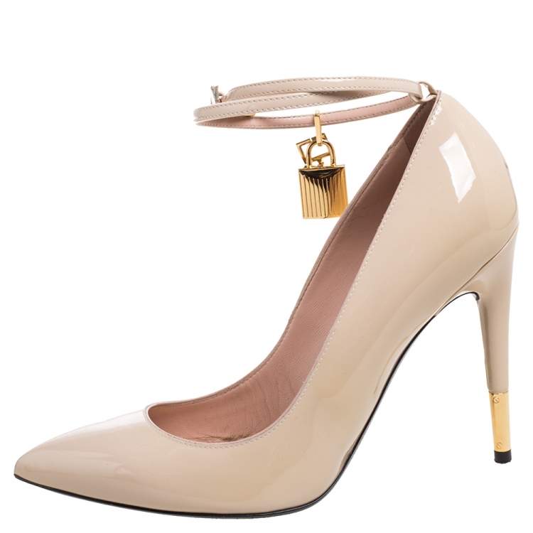 Pre Owned Tom Ford Beige Patent Leather Padlock Ankle Wrap Pointed Toe Pumps Size 38