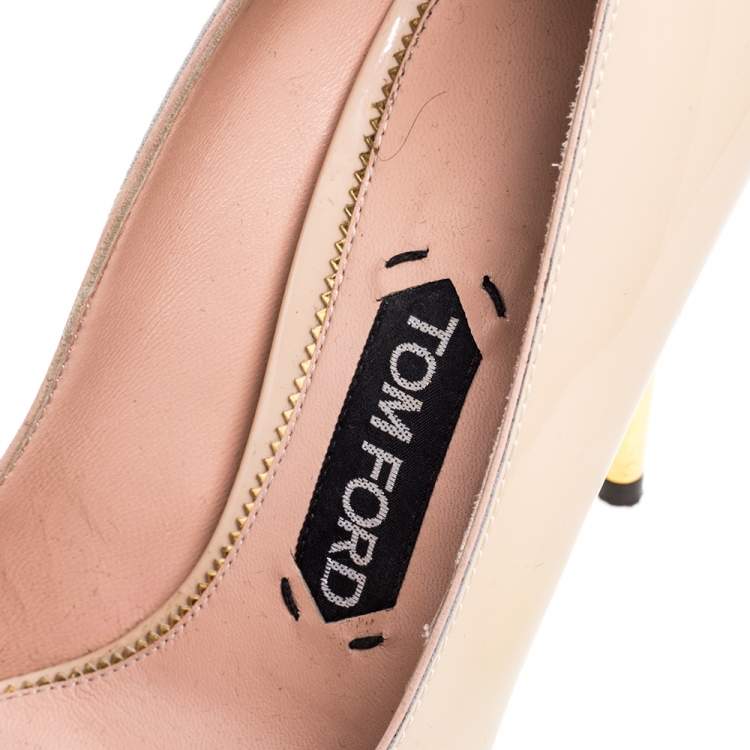 Pre Owned Tom Ford Beige Patent Leather Padlock Ankle Wrap Pointed Toe Pumps Size 38