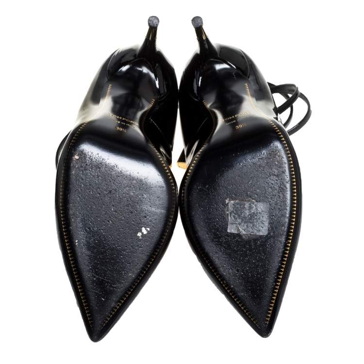 Pre Owned Tom Ford Black Patent Leather Padlock Ankle Wrap Pointed Toe Pumps Size 39.5