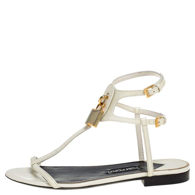 Tom Ford White Patent Leather T Strap Padlock Flat Sandals Size  Tom  Ford | TLC