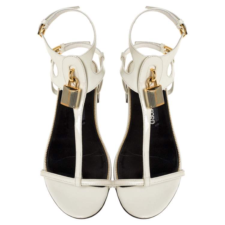 Pre Owned Tom Ford White Patent Leather T Strap Padlock Flat Sandals Size 37.5
