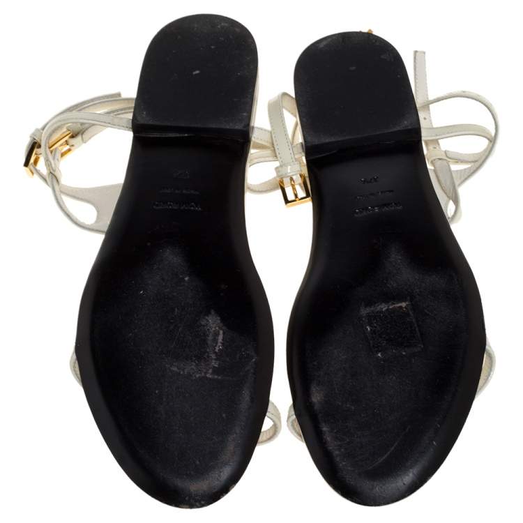 Pre Owned Tom Ford White Patent Leather T Strap Padlock Flat Sandals Size 37.5