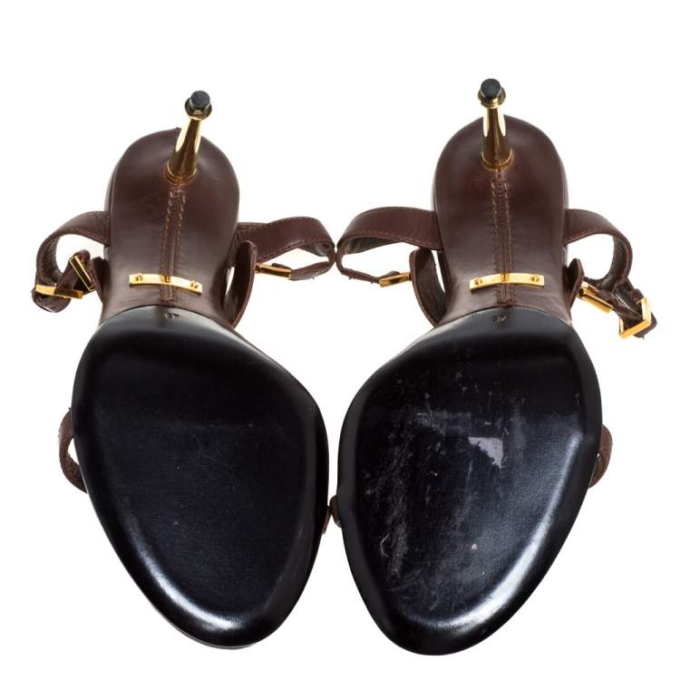 Pre Owned Tom Ford Dark Brown Leather T Bar Ankle Strap Sandals Size 37
