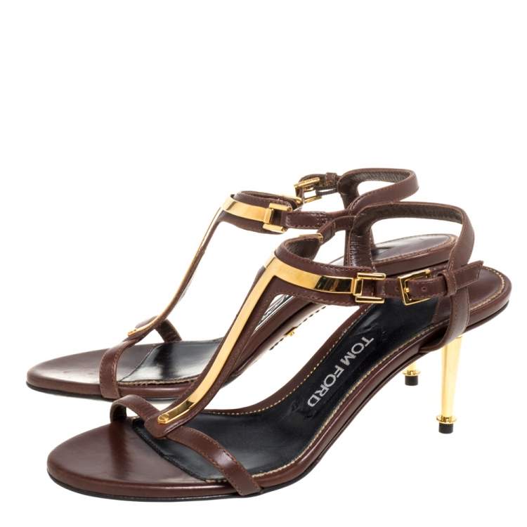 Pre Owned Tom Ford Dark Brown Leather T Bar Ankle Strap Sandals Size 37