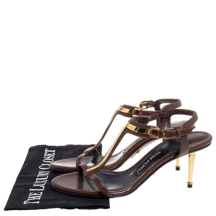 Pre Owned Tom Ford Dark Brown Leather T Bar Ankle Strap Sandals Size 37