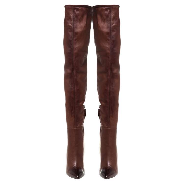 Pre Owned Tom Ford Dark Brown Leather Over the Knee Boots Size 40