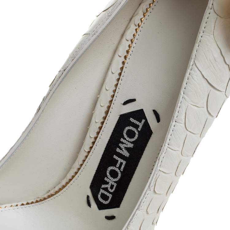 Pre Owned Tom Ford White Python Padlock Ankle Strap Pointed Toe Pumps Size 36