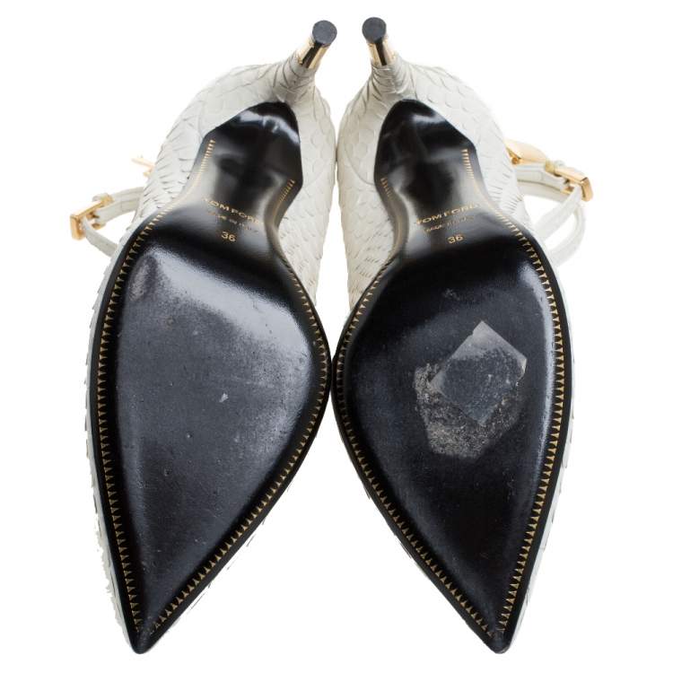 Pre Owned Tom Ford White Python Padlock Ankle Strap Pointed Toe Pumps Size 36