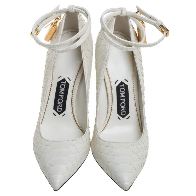Pre Owned Tom Ford White Python Padlock Ankle Strap Pointed Toe Pumps Size 36