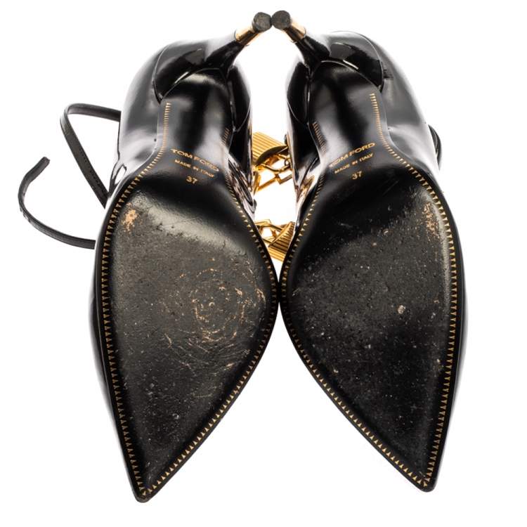 Pre Owned Tom Ford Black Patent Leather Padlock Pointed Toe Pumps Size 37
