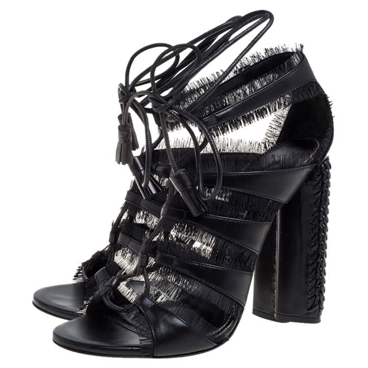 Pre Owned Tom Ford Black Leather Fringes Gladiator Tassel Ankle Wrap Sandals Size 36.5