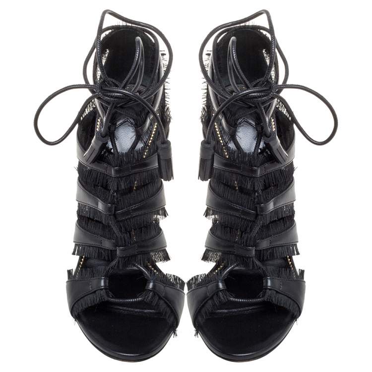 Pre Owned Tom Ford Black Leather Fringes Gladiator Tassel Ankle Wrap Sandals Size 36.5