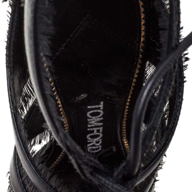Pre Owned Tom Ford Black Leather Fringes Gladiator Tassel Ankle Wrap Sandals Size 36.5