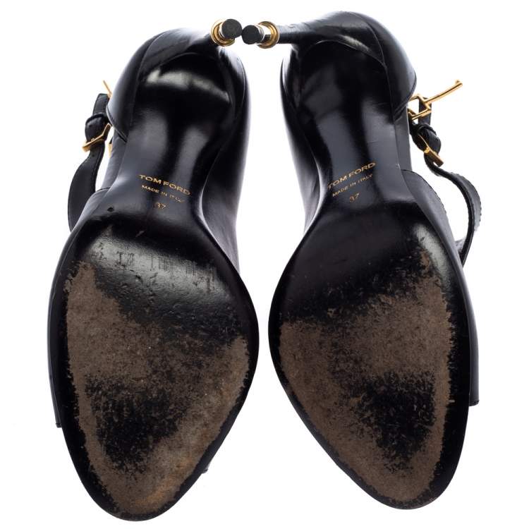 Pre Owned Tom Ford Black Leather Padlock Peep Toe Booties Size 37