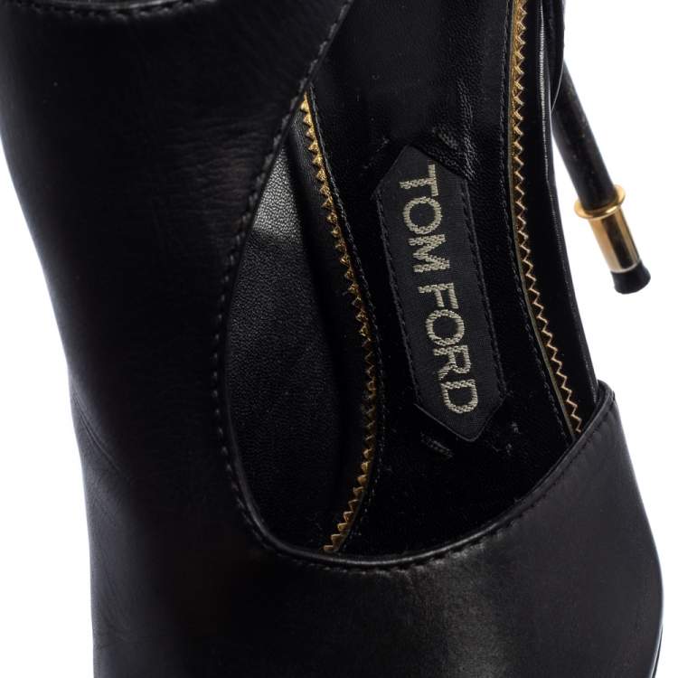Pre Owned Tom Ford Black Leather Padlock Peep Toe Booties Size 37