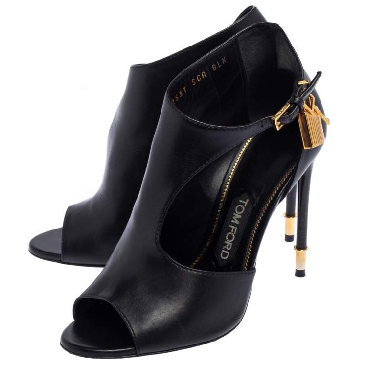 Pre Owned Tom Ford Black Leather Padlock Peep Toe Booties Size 37
