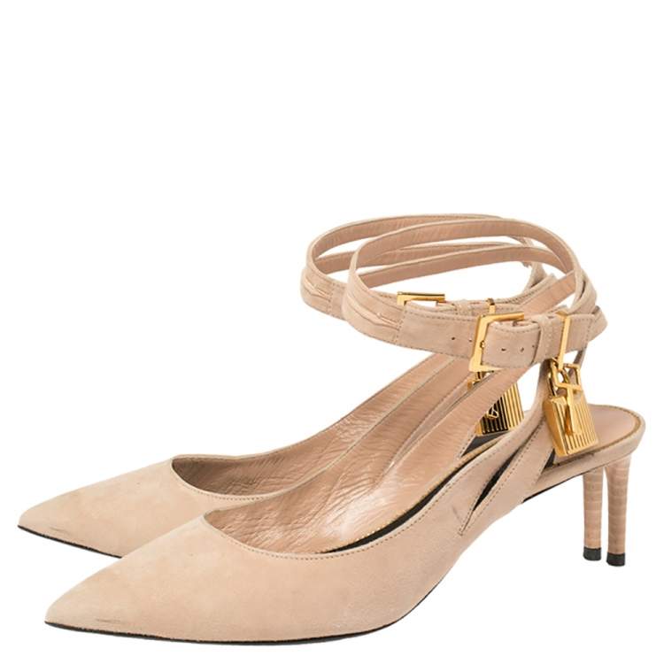 مملوكة مسبقًا Tom Ford Rose Beige Suede Ankle Lock  Double Strap Pumps Size 39