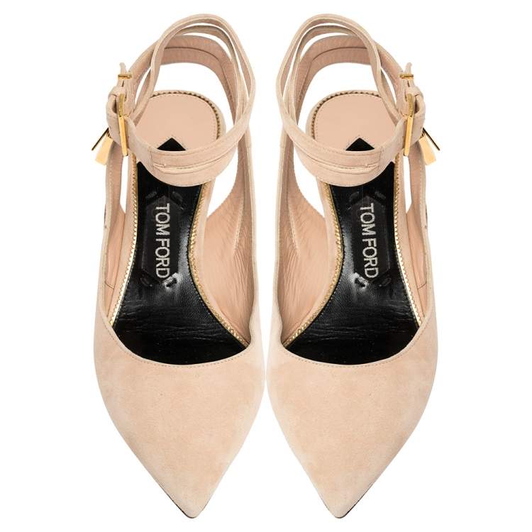 مملوكة مسبقًا Tom Ford Rose Beige Suede Ankle Lock  Double Strap Pumps Size 39