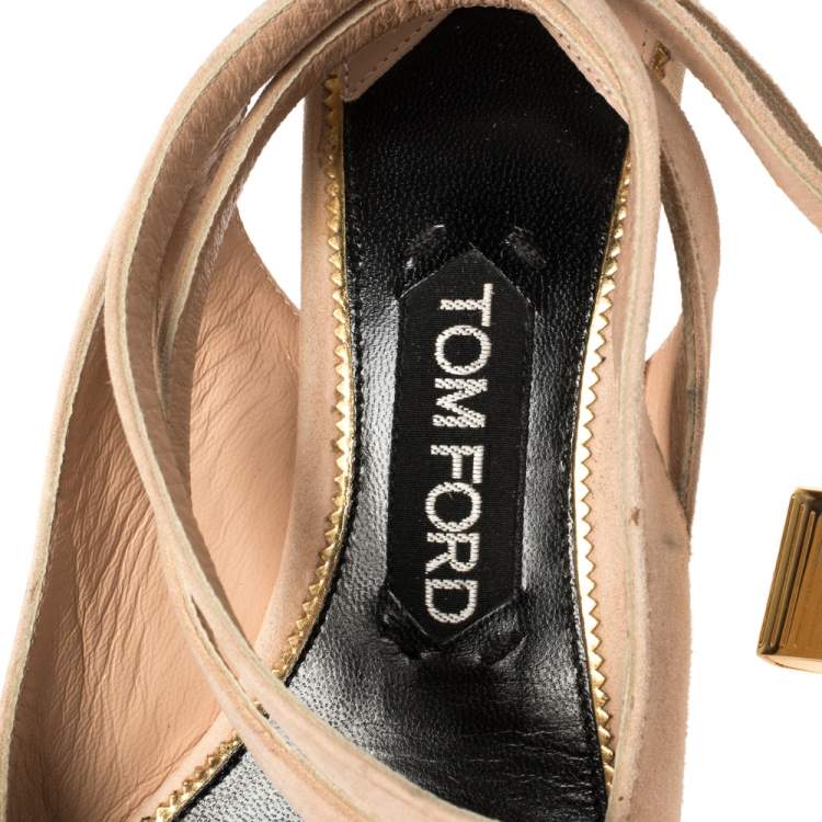 مملوكة مسبقًا Tom Ford Rose Beige Suede Ankle Lock  Double Strap Pumps Size 39