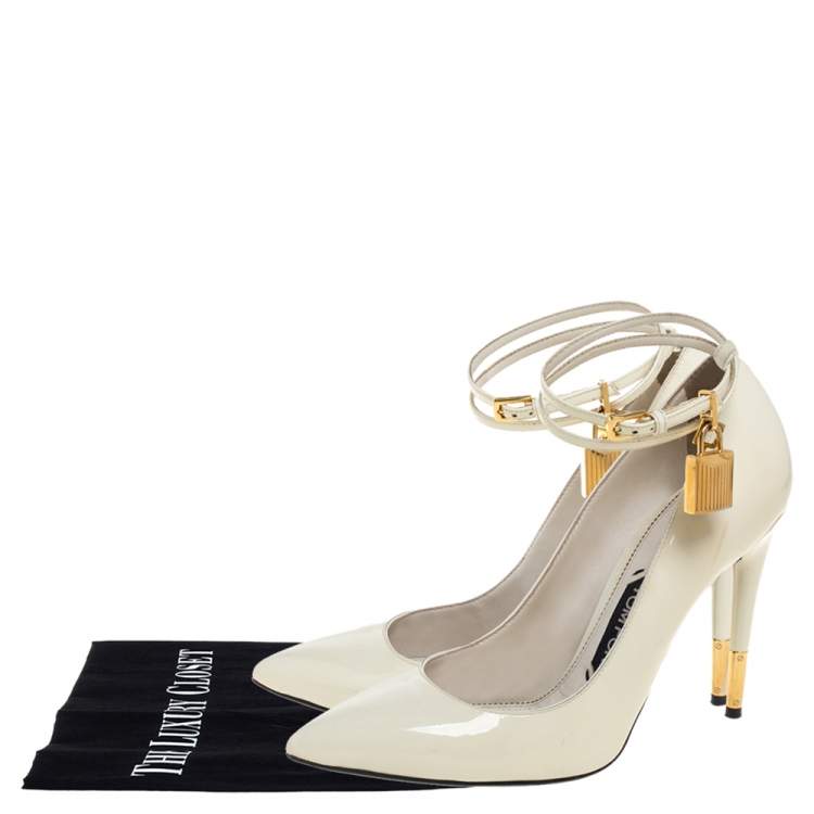 Pre Owned Tom Ford Cream Patent Leather Padlock Ankle Wrap Pointed Toe Pumps Size 38.5