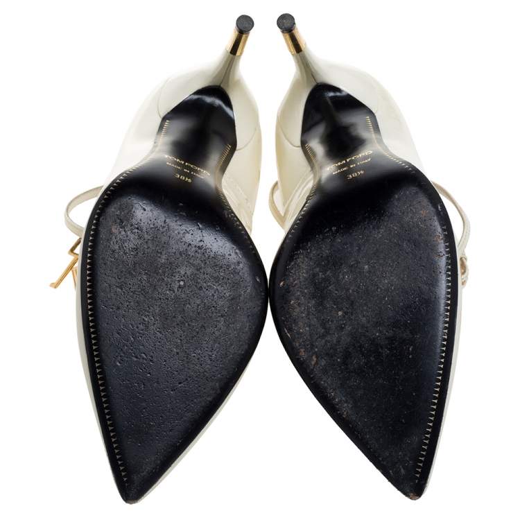 Pre Owned Tom Ford Cream Patent Leather Padlock Ankle Wrap Pointed Toe Pumps Size 38.5