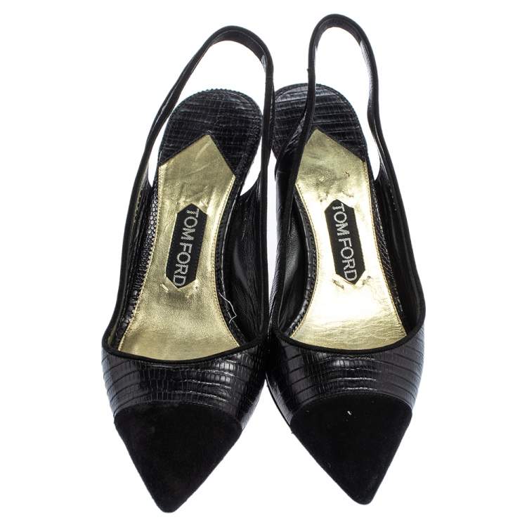 Pre Owned Tom Ford Black Lizard Embossed Leather And Suede Slingback Pumps Size 40