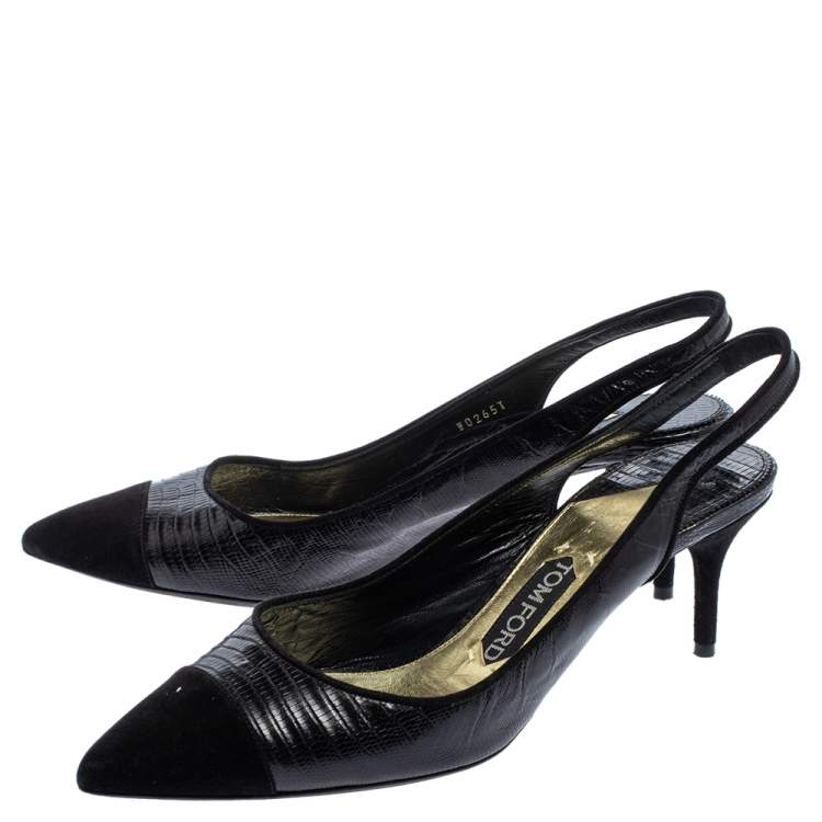 Pre Owned Tom Ford Black Lizard Embossed Leather And Suede Slingback Pumps Size 40