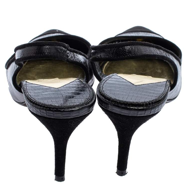 Pre Owned Tom Ford Black Lizard Embossed Leather And Suede Slingback Pumps Size 40