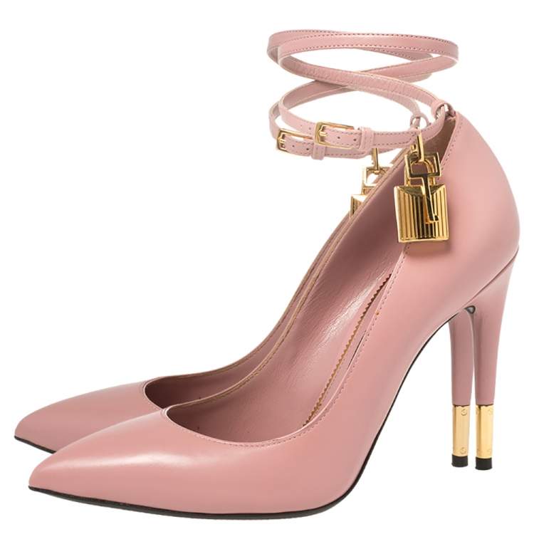 Pre Owned Tom Ford Pink Leather Padlock Ankle Strap Pointed Toe Pumps Size 37.5