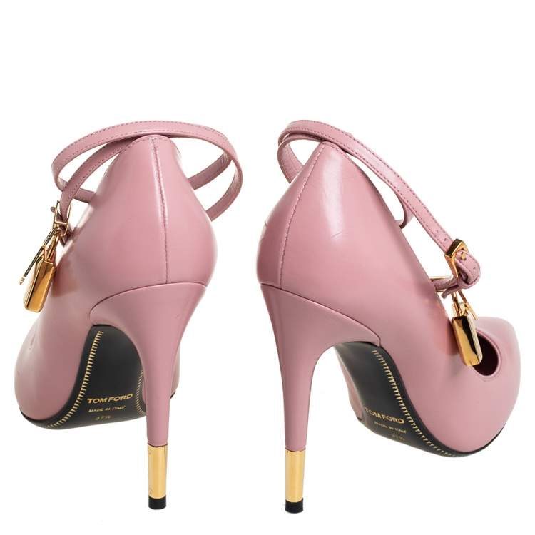 Pre Owned Tom Ford Pink Leather Padlock Ankle Strap Pointed Toe Pumps Size 37.5