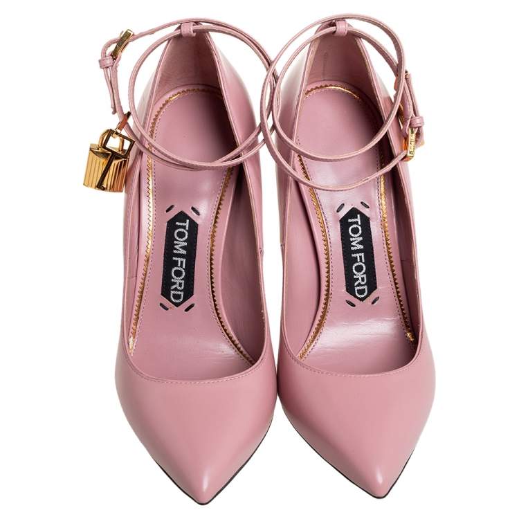 Pre Owned Tom Ford Pink Leather Padlock Ankle Strap Pointed Toe Pumps Size 37.5