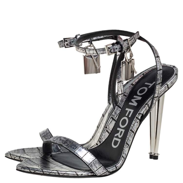 Pre Owned Tom Ford Silver Embossed Leather Padlock Pointy Naked Sandals Size 37