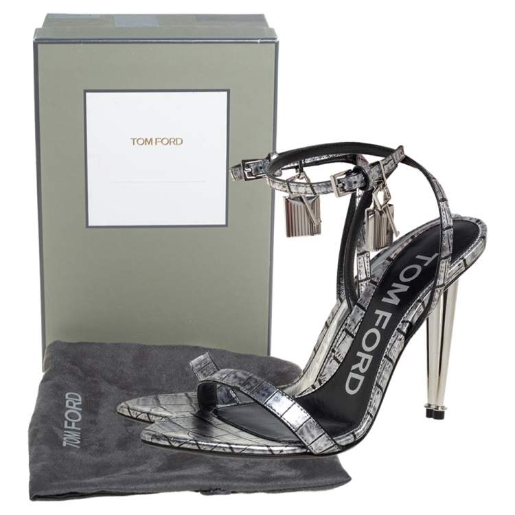 Pre Owned Tom Ford Silver Embossed Leather Padlock Pointy Naked Sandals Size 37