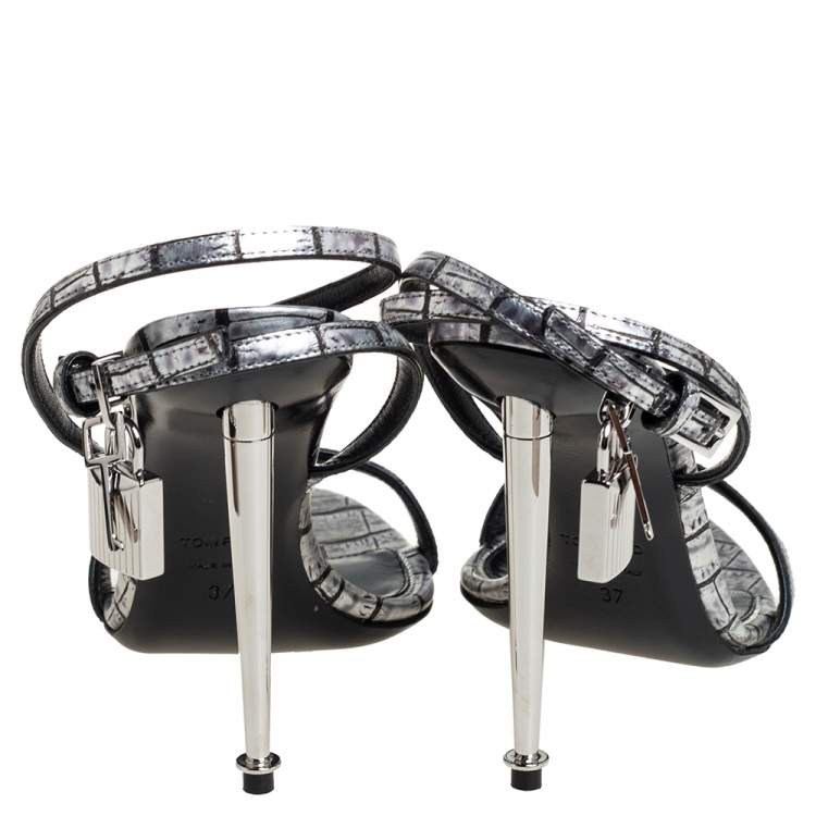 Pre Owned Tom Ford Silver Embossed Leather Padlock Pointy Naked Sandals Size 37