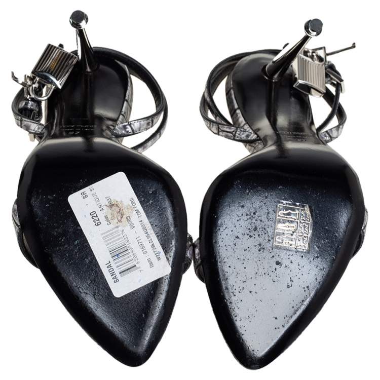 Pre Owned Tom Ford Silver Embossed Leather Padlock Pointy Naked Sandals Size 37