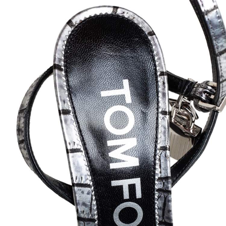 Pre Owned Tom Ford Silver Embossed Leather Padlock Pointy Naked Sandals Size 37