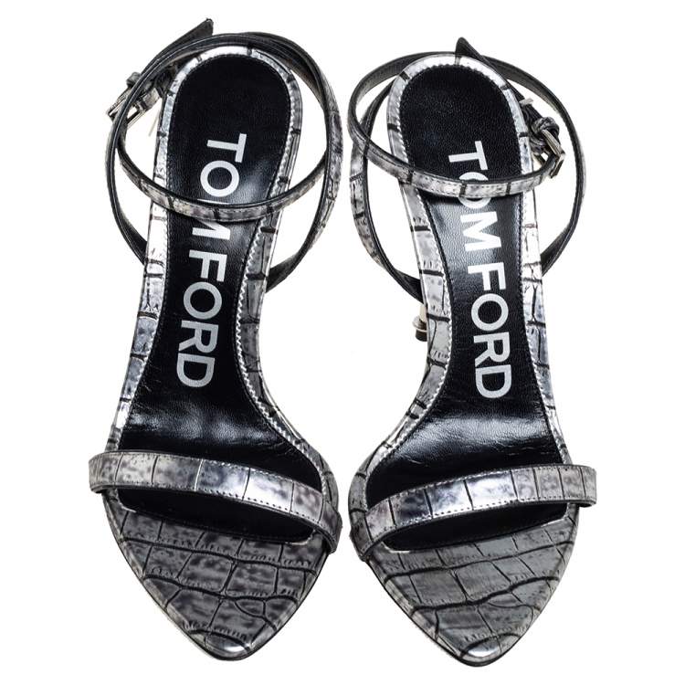 Pre Owned Tom Ford Silver Embossed Leather Padlock Pointy Naked Sandals Size 37