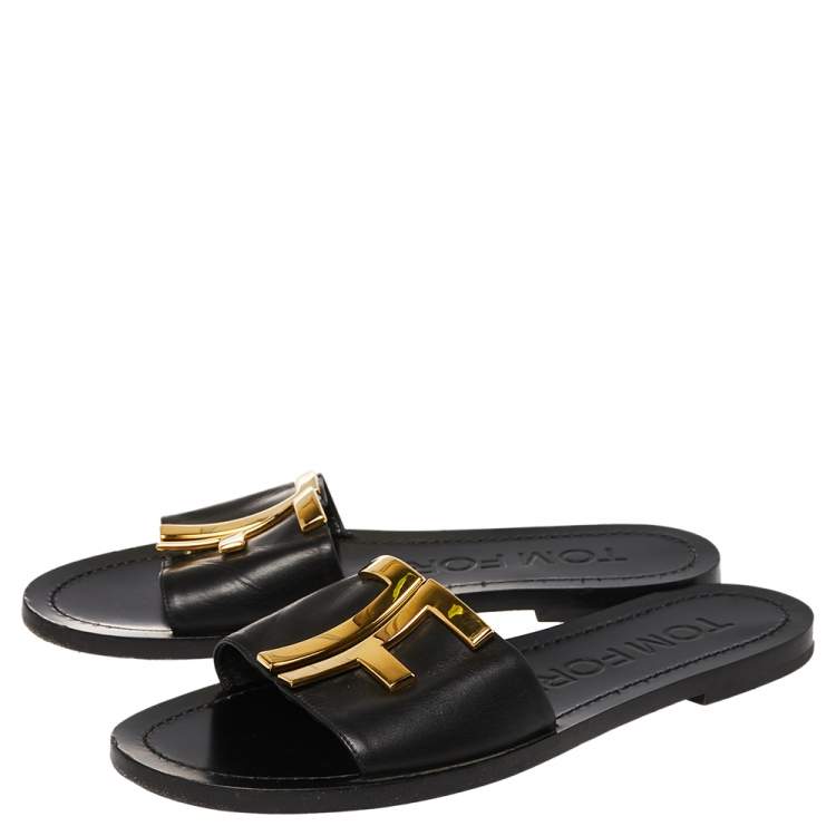 Pre Owned Tom Ford Black Leather TF Flat Slides Size 38