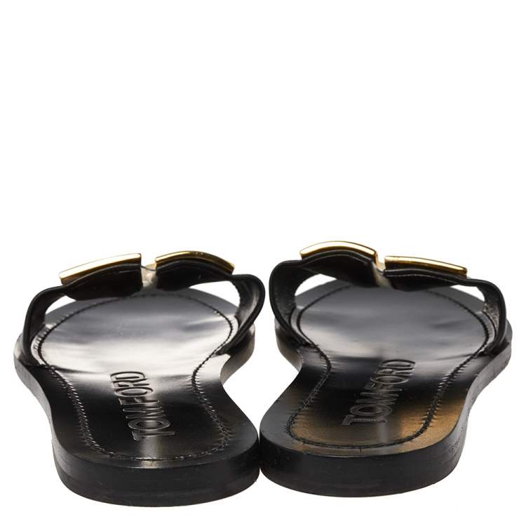 Pre Owned Tom Ford Black Leather TF Flat Slides Size 38