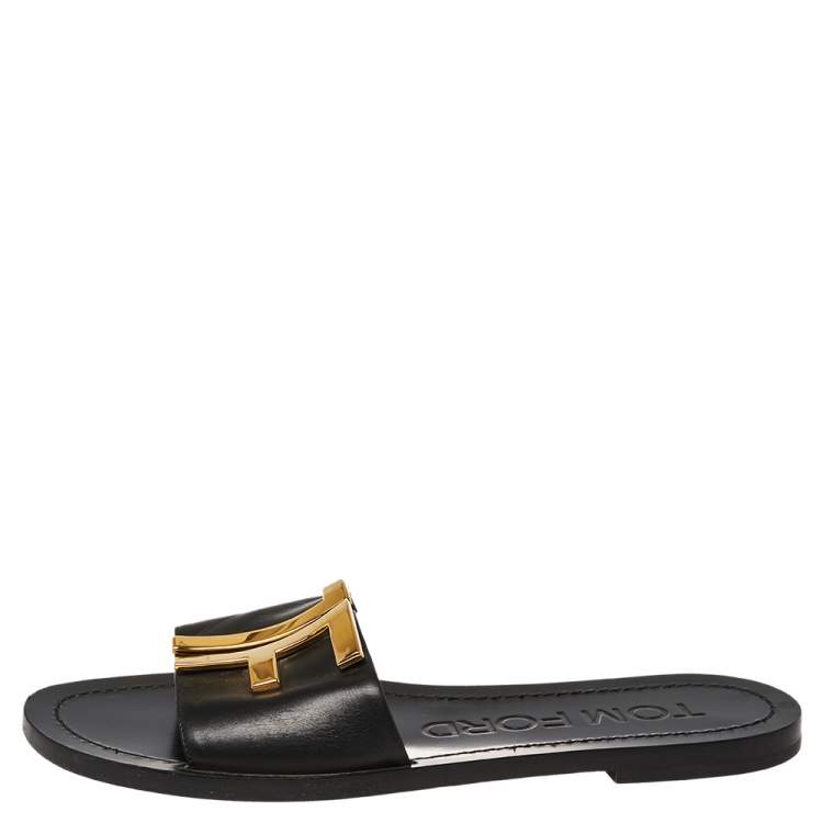 Pre Owned Tom Ford Black Leather TF Flat Slides Size 38